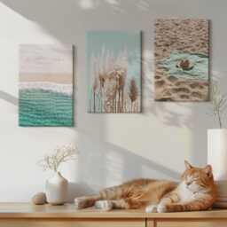 Canvas Set Of 3 Wall Art - Beach Waves Grass Hat Sand Relaxation Nature, Turquoise Canvas, Landscapes Decor - thumbnail 3