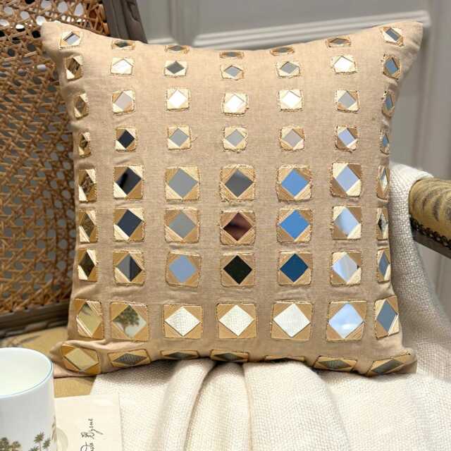 "Beige Cotton Canvas Mirror Work Decorative Throw Pillow Cover, 16""x16" - image 1