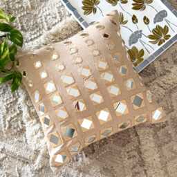 "Beige Cotton Canvas Mirror Work Decorative Throw Pillow Cover, 16""x16" - thumbnail 3