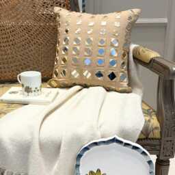 "Beige Cotton Canvas Mirror Work Decorative Throw Pillow Cover, 16""x16" - thumbnail 2