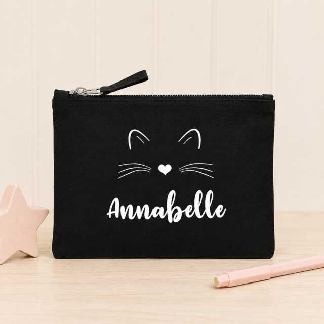 Personalised Cat Pencil Case, Child's Back To School, Girls Black, School Sanitary Bag - image 1