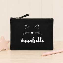 Personalised Cat Pencil Case, Child's Back To School, Girls Black, School Sanitary Bag