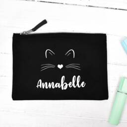 Personalised Cat Pencil Case, Child's Back To School, Girls Black, School Sanitary Bag - thumbnail 2