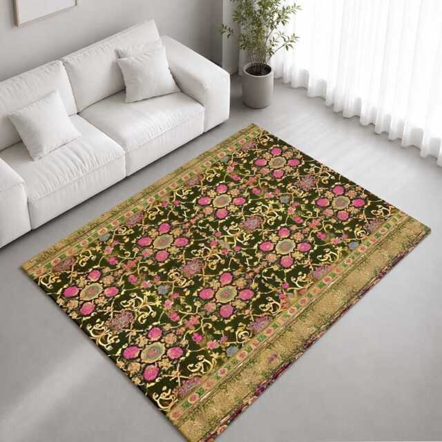 Dark Green Pink Floral Tapestry Rug Non-Slip Soft Area Carpet Bedroom Living Room Hallway Mat Decor - Made in UK - image 1