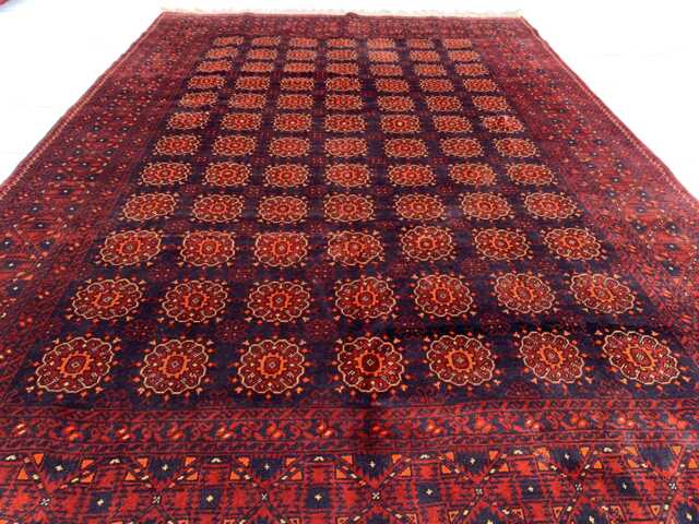 Handmade Afghan Wool Rug 6.6x9.8 Ft, Navy Blue & Deep Red Geometric Carpet - image 1