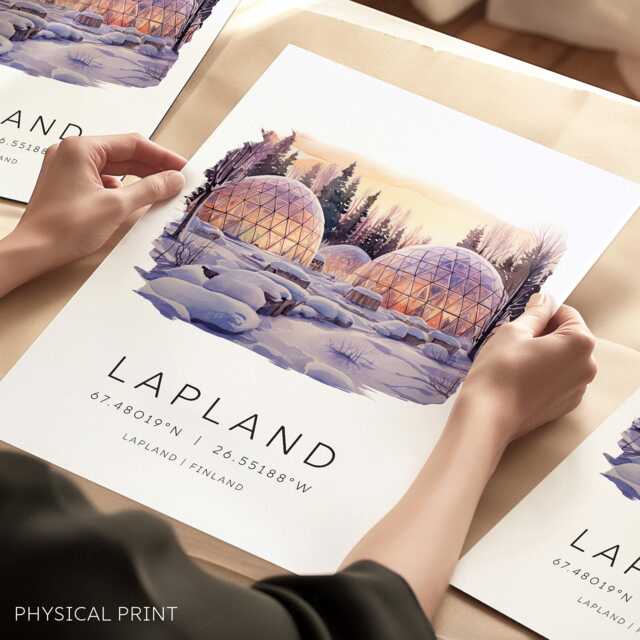 Lapland Travel Print, Northern Lights, Gift, Arctic Snow Globe, Winter Wall Art, Art Destination Poster - image 1