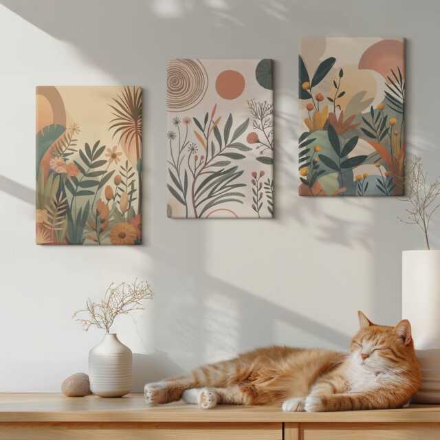 Canvas Art Set Of 3 - Plant Motifs in Muted Colors With Circles, Brown Wall Art, Plants & Flowers Hanging Piece - image 1