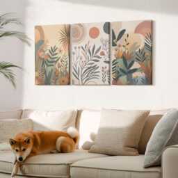 Canvas Art Set Of 3 - Plant Motifs in Muted Colors With Circles, Brown Wall Art, Plants & Flowers Hanging Piece - thumbnail 2