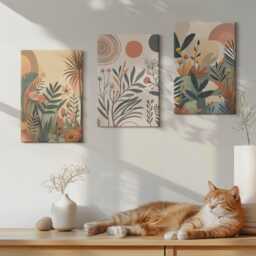 Canvas Art Set Of 3 - Plant Motifs in Muted Colors With Circles, Brown Wall Art, Plants & Flowers Hanging Piece - thumbnail 1