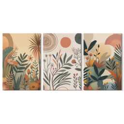Canvas Art Set Of 3 - Plant Motifs in Muted Colors With Circles, Brown Wall Art, Plants & Flowers Hanging Piece - thumbnail 3