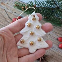 Christmas Tree Ornament, Handmade Ceramic Decoration In, White & Gold, Family Gift - thumbnail 2
