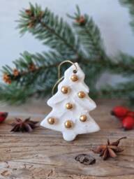 Christmas Tree Ornament, Handmade Ceramic Decoration In, White & Gold, Family Gift