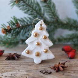 Christmas Tree Ornament, Handmade Ceramic Decoration In, White & Gold, Family Gift - thumbnail 3