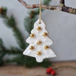 Christmas Tree Ornament, Handmade Ceramic Decoration In, White & Gold, Family Gift - thumbnail 4