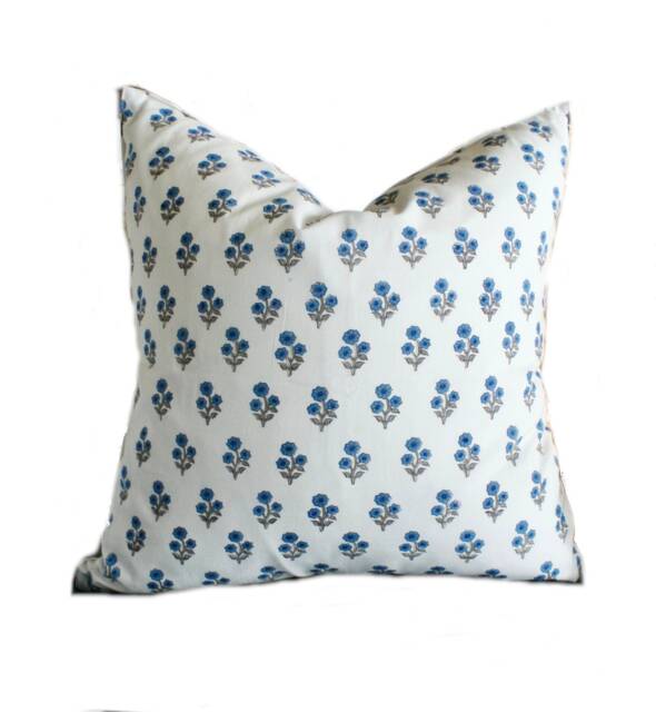 Blue Floral Hand Block Print Pillow Cover Farmhouse Decor - image 1