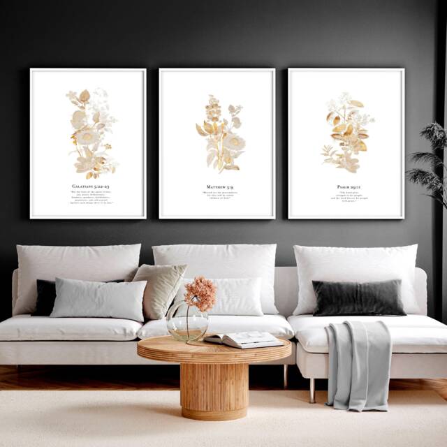 Gold Modern Botanical Bible Verse Wall Art Prints, Set Of 3 Sketches Framed Prints, Christianity Home Decor - image 1