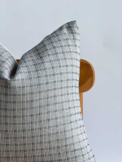 Neutral Plaid Blue Hand Woven Pillow Cover, Nautical Pillow, Beach Home Decor - image 1
