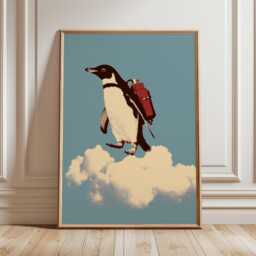 Penguin Wall Art Print, Whimsical Surreal Illustration, Flying Poster, Modern Pop Decor, Playful Contemporary Artwork - thumbnail 2