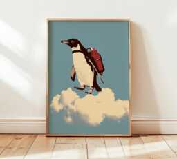 Penguin Wall Art Print, Whimsical Surreal Illustration, Flying Poster, Modern Pop Decor, Playful Contemporary Artwork - thumbnail 1