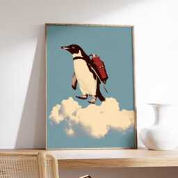 Penguin Wall Art Print, Whimsical Surreal Illustration, Flying Poster, Modern Pop Decor, Playful Contemporary Artwork - thumbnail 3
