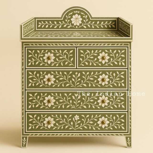 Bone Inlay Dresser With Infant Changing Table, Chest Of Drawer Station, Floral Baby Table - image 1