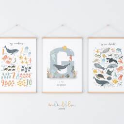 Personalised Sea Animals Print Set, Alphabet & Numbers Chart Print, Under The Ocean Prints, Nursery Whale - thumbnail 2