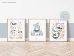 Personalised Sea Animals Print Set, Alphabet & Numbers Chart Print, Under The Ocean Prints, Nursery Whale - thumbnail 1