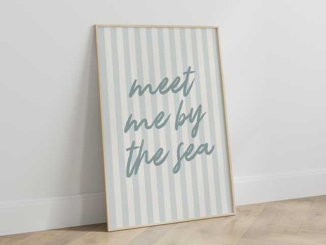 Meet Me By The Sea Print - Beach Coastal Typography Quote Poster Blue Stripe Boho Wall Art Decor Seashell Ocean Waves Unframed - image 1