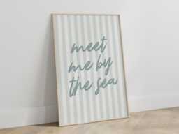 Meet Me By The Sea Print - Beach Coastal Typography Quote Poster Blue Stripe Boho Wall Art Decor Seashell Ocean Waves Unframed - thumbnail 1