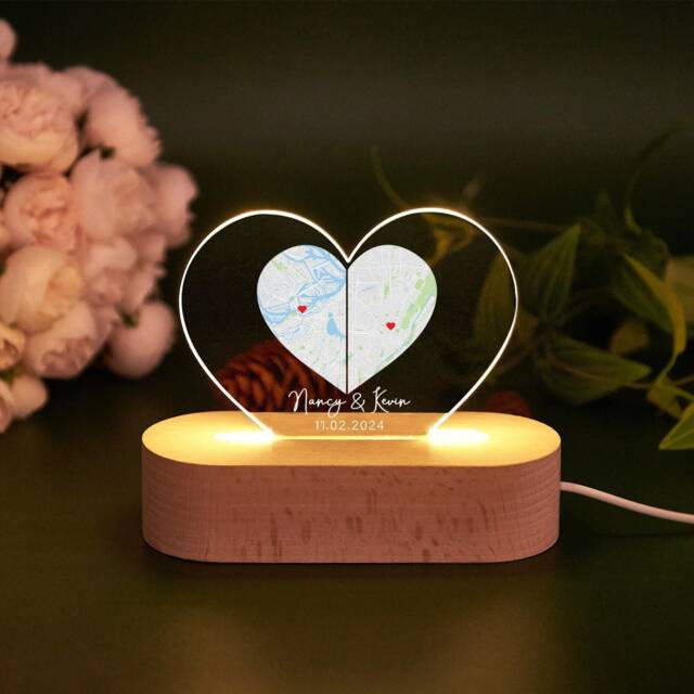 Custom Two Location Heart Night Light, Personalized Map Print, Nightlight For Friends Long Distance, Engaged Couples Gift, Anniversary Gift - image 1
