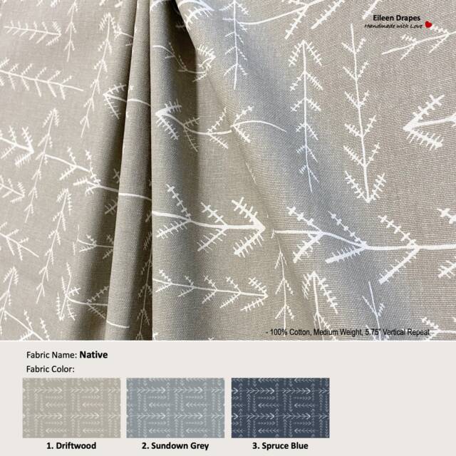 Native 3 Colors Geometric Arrow White Grey Beige Cotton Curtain Extra Width & Length, Pleated, Lined Drapery Panel Offered As Upgrades - image 1