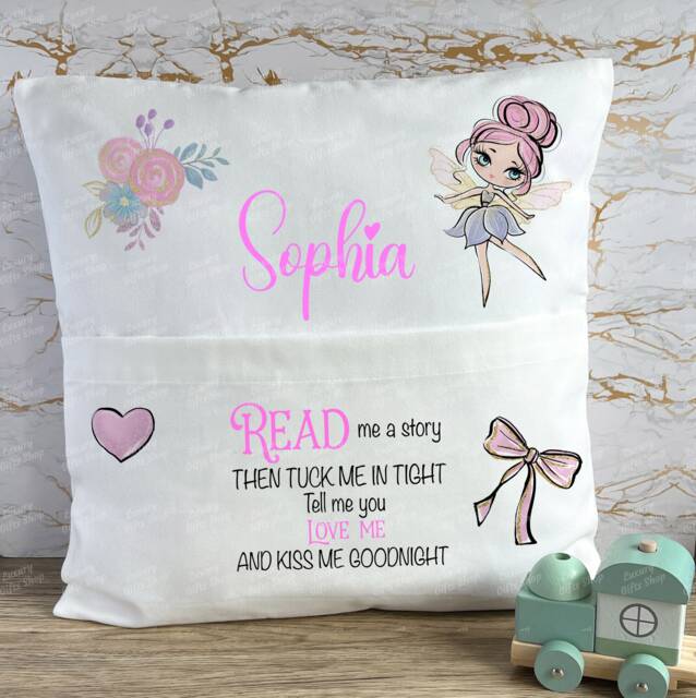 Personalised Book Cushion, Children's Stories, Pocket Pillow, Tuck Me In, Fairies Cushions