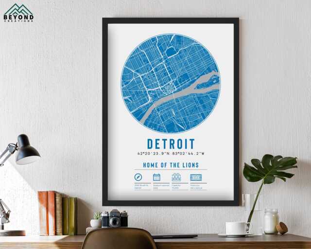 Detroit Lions Stadium Map Print Unique Framed Gift - For Him Dad Brother Granddad Uncle American Football Poster Decor - image 1