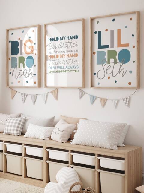 3 Brothers Bedroom Prints, Boys Decor, Sibling Nursery Brothers, Playroom Wall Art, Blue Green - image 1