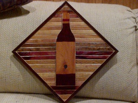Wood Wall Art Sculpture Featuring A Hand Cut Wine Bottle Set in Oak & Pine Beveled Trim Strips Stained Variety Of Colors - image 1
