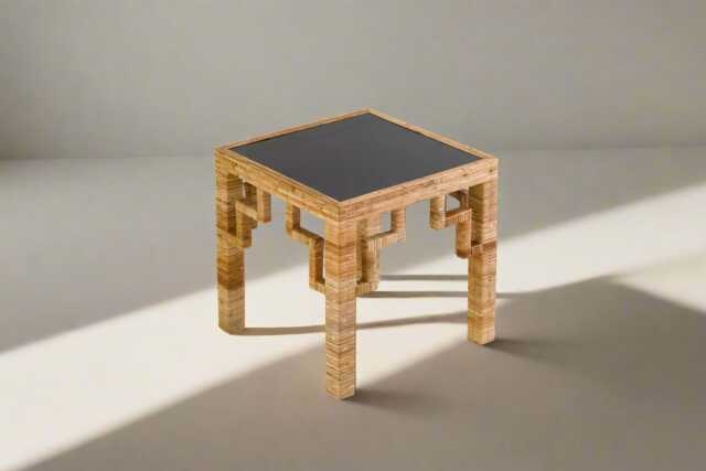 Greek Key Patterned Rattan Side Table With Black Laquered Top - image 1
