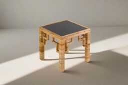Greek Key Patterned Rattan Side Table With Black Laquered Top