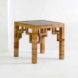 Greek Key Patterned Rattan Side Table With Black Laquered Top - thumbnail 4