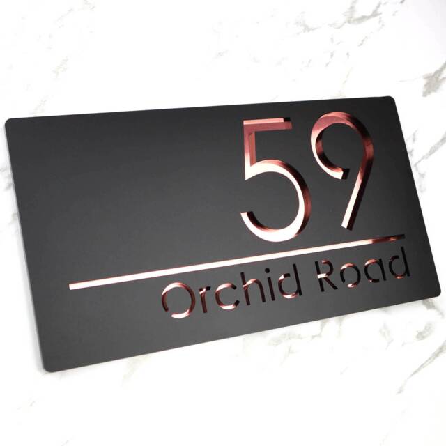 K Smart Sign - Bellissima H1 Laser Cut Matt Black & Rose Gold Mirror Floating House 300mm X 160mm - image 1