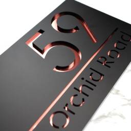 K Smart Sign - Bellissima H1 Laser Cut Matt Black & Rose Gold Mirror Floating House 300mm X 160mm - thumbnail 3