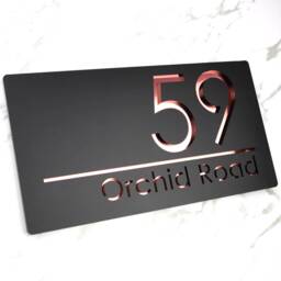 K Smart Sign - Bellissima H1 Laser Cut Matt Black & Rose Gold Mirror Floating House 300mm X 160mm - thumbnail 1