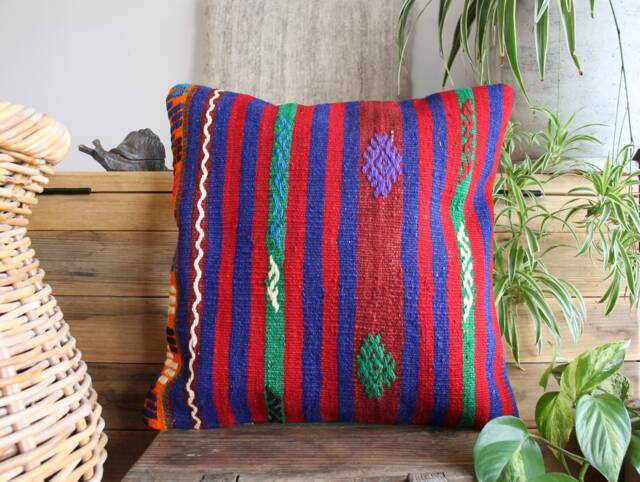 45cm Vintage Kilim Cushion Cover Handwoven - Strong Vibrant Colours Green Blue Red - image 1