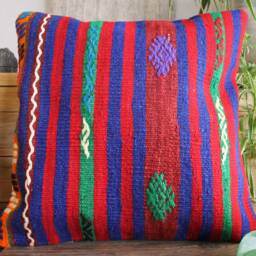 45cm Vintage Kilim Cushion Cover Handwoven - Strong Vibrant Colours Green Blue Red - thumbnail 2