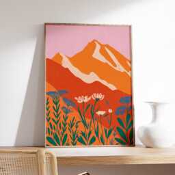 Sunset Mountain Wall Art, Bold Minimalist Landscape Print, Modern Botanical Poster, Pink & Orange Nature Artwork For Home Decor - thumbnail 3