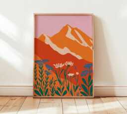 Sunset Mountain Wall Art, Bold Minimalist Landscape Print, Modern Botanical Poster, Pink & Orange Nature Artwork For Home Decor - thumbnail 1