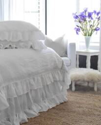 Soft Ruffled Linen Pillow Case in White Color. Standard, Queen, King, Custom Size Cover From Washed Linen - thumbnail 1