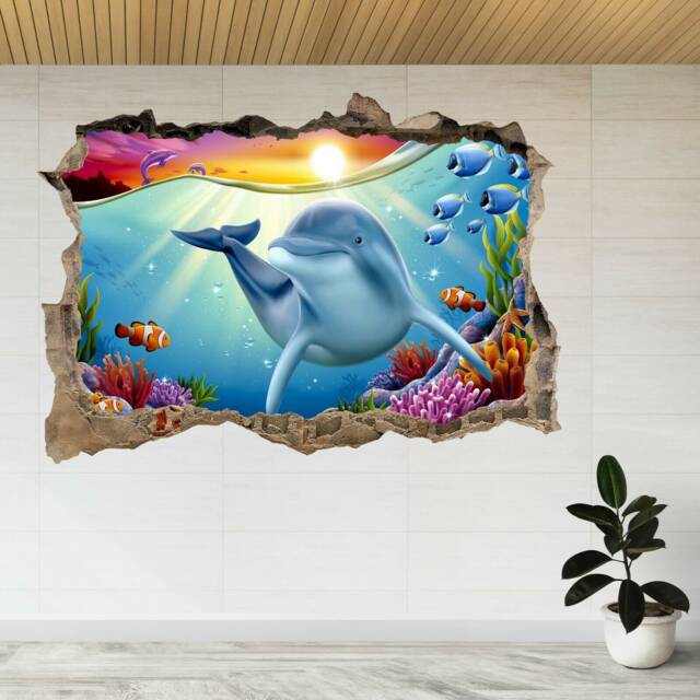 Charming Dolphin Play Underwater 3D Smashed View Wall Sticker Poster Decal A561 - image 1