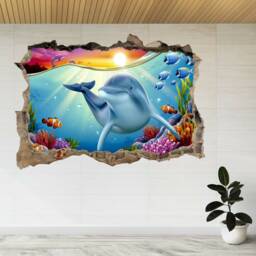Charming Dolphin Play Underwater 3D Smashed View Wall Sticker Poster Decal A561 - thumbnail 1