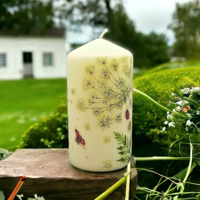 Hand-Decorated Wax Candle Dandelions & Ladybugs, Seasonal Decor - 16cm - image 1