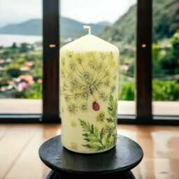 Hand-Decorated Wax Candle Dandelions & Ladybugs, Seasonal Decor - 16cm - thumbnail 3